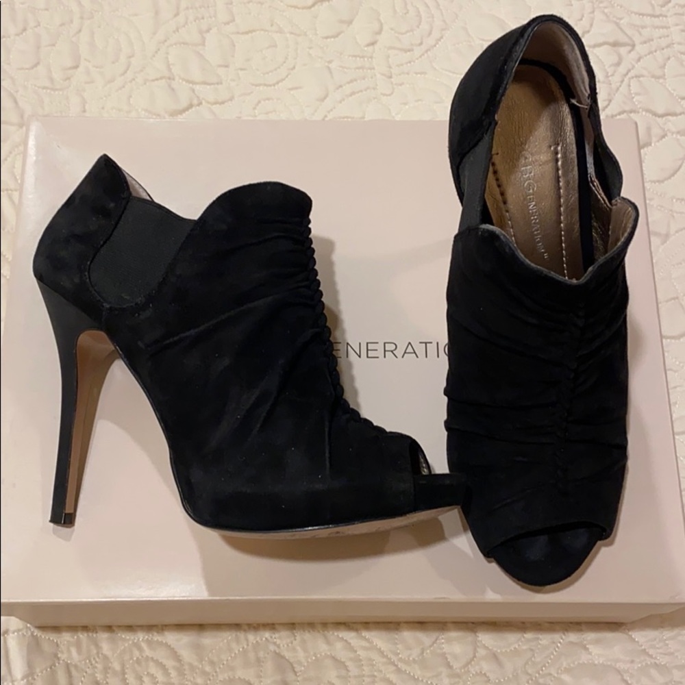 BCBGeneration Black Suede Peep Toe Heels